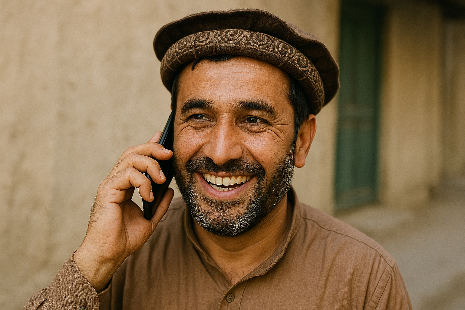 مرد افغان در حال مکالمه تلفنی